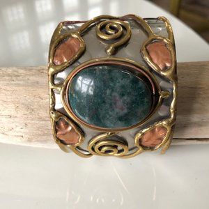 SILVER COPPER TONE CUFF BRACELET WITH GREEN STONE
